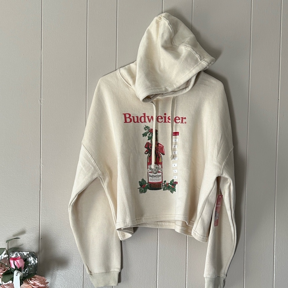 Budweiser Off-White Crop Tops Sweater Hoodie with Bottle Design - Picture 3 of 13